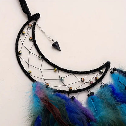 close up crescent moon dream catcher in black and blues the boho hippie hut midland michigan