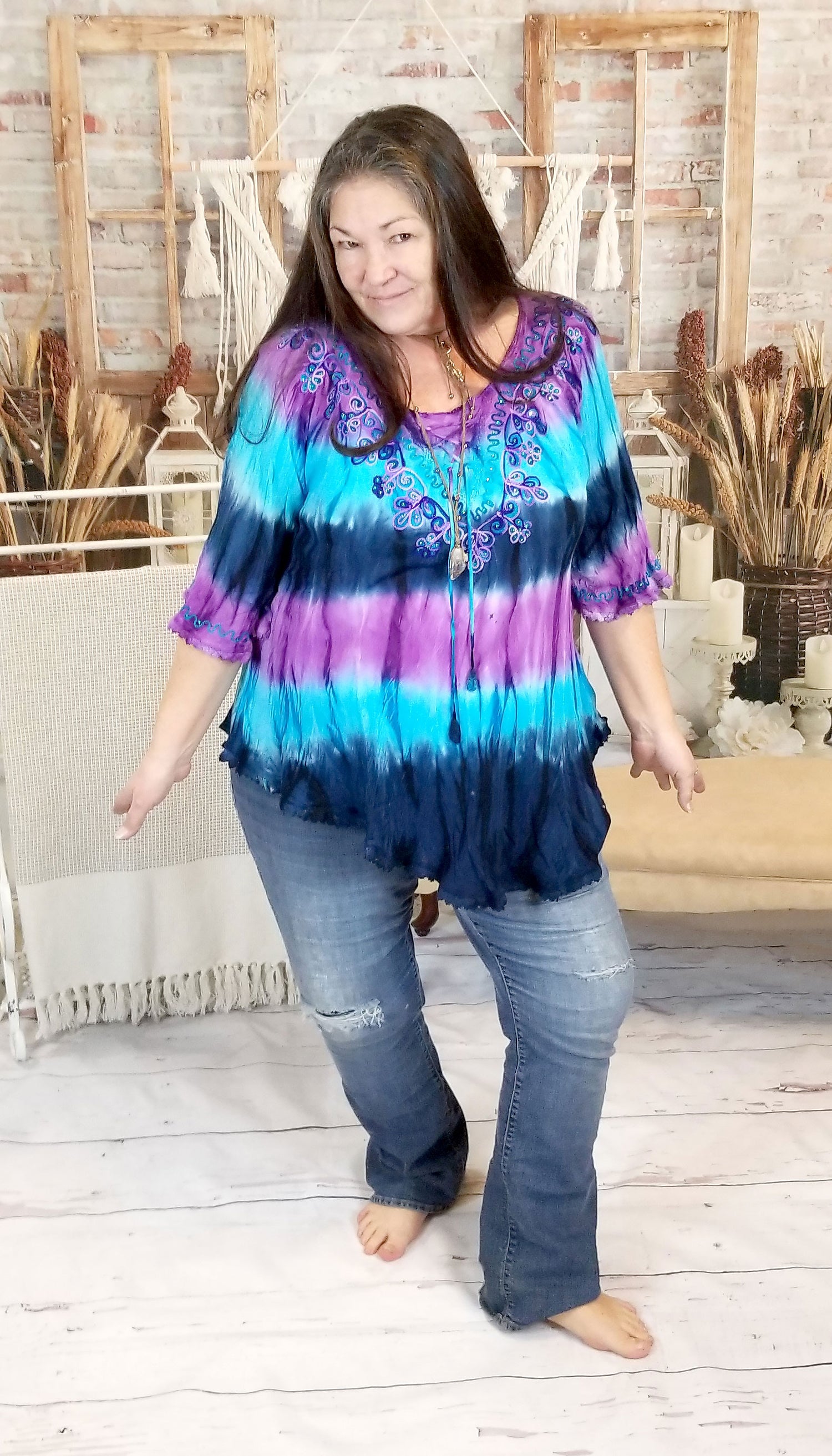 blue purple tie dye top with embroidery front