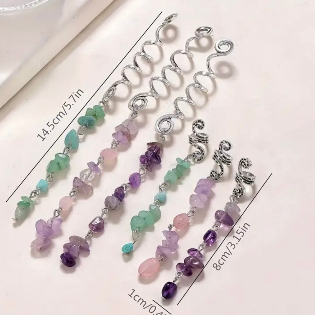 braid dread hair charms in green aventurine amethyst or rose quartz with measurements