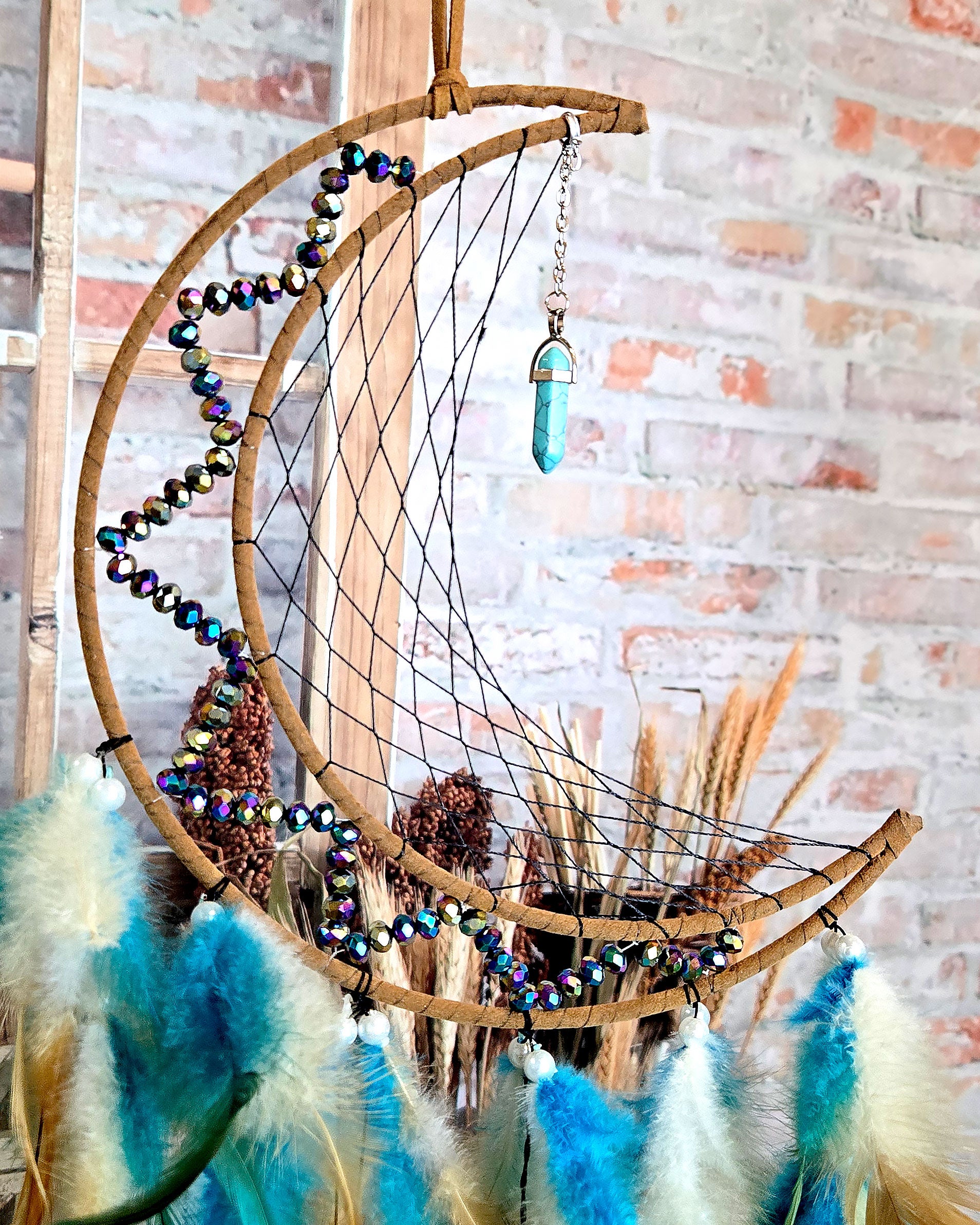 Brown Moon Dream Catcher with Feathers