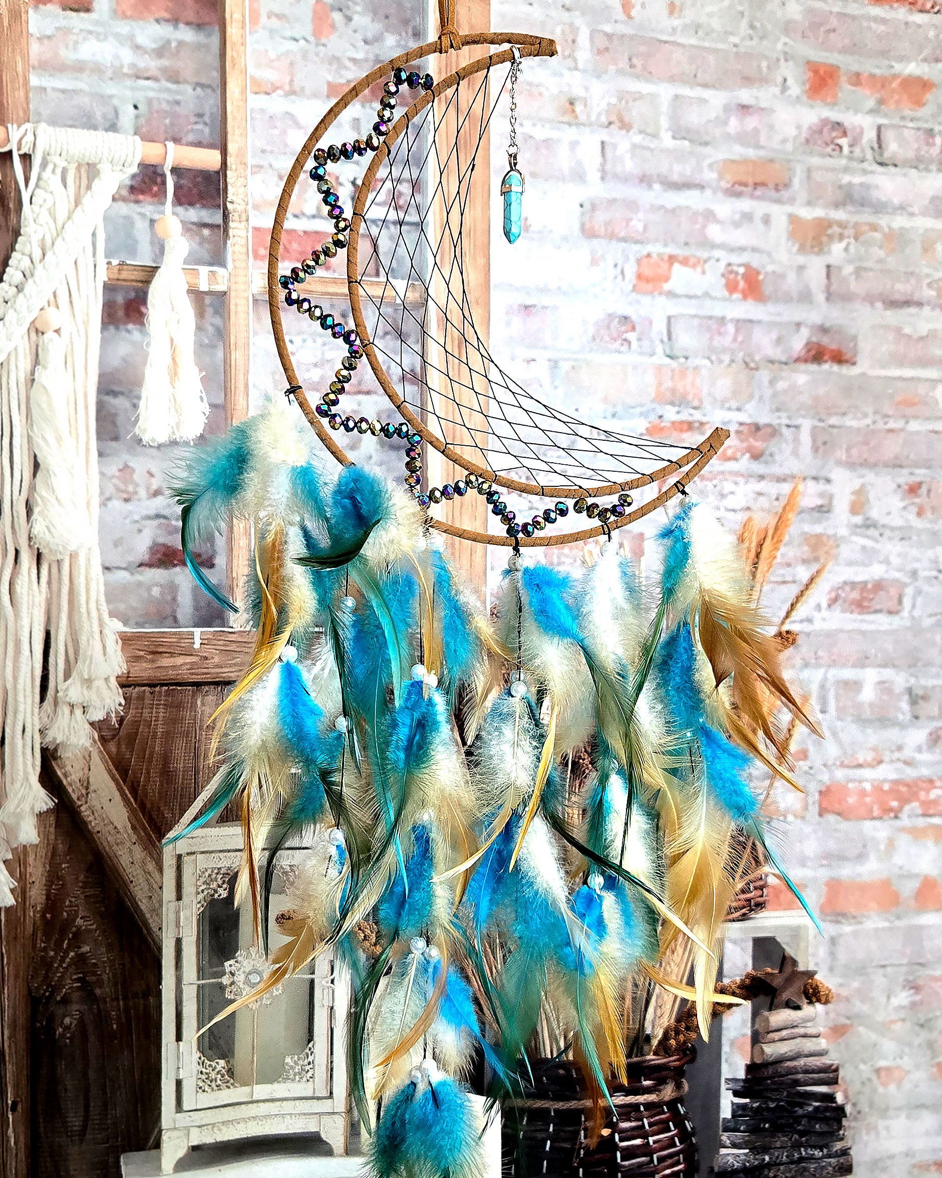 Brown Moon Dream Catcher with Feathers