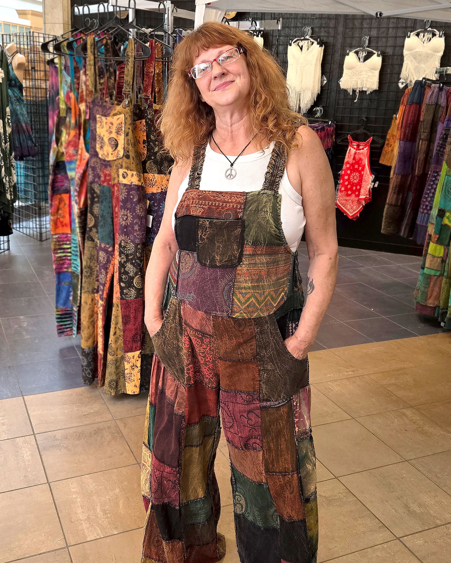 brown wide leg patchwork hippie overalls