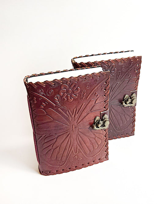 butterfly leather writing journals with antique buckle closure front