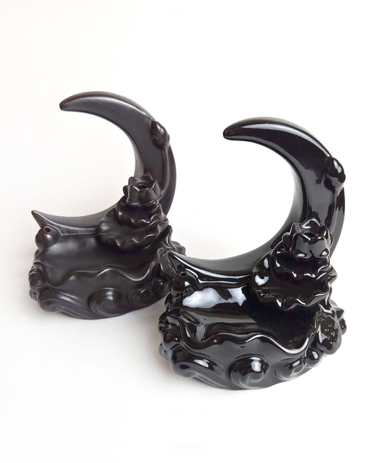 crescent moon backflow incense burners front black and brown