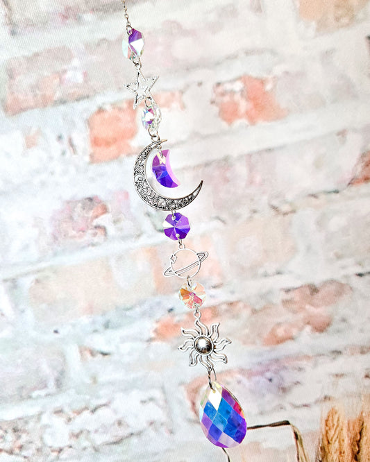 celestial crescent moon crystal suncatcher for boho hippie home décor