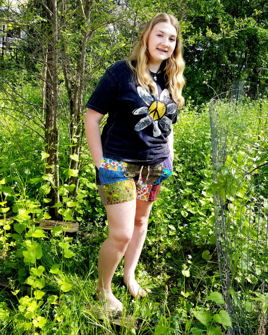 mushroom patchwork shorts worn with daisy tshirt the boho hippie hut