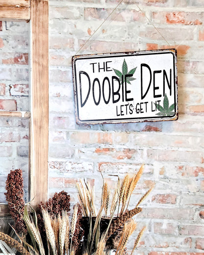 hippie weed wall décor metal sign that says the doobie den lets get lit