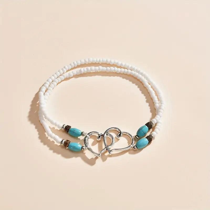 double heart stretch anklet with white beads