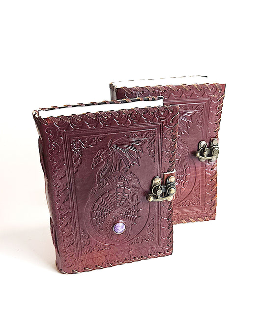 leather journals with embossed dragon design and antique buckle closure front view