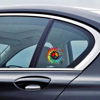 flower peace sign sticker shown on car window