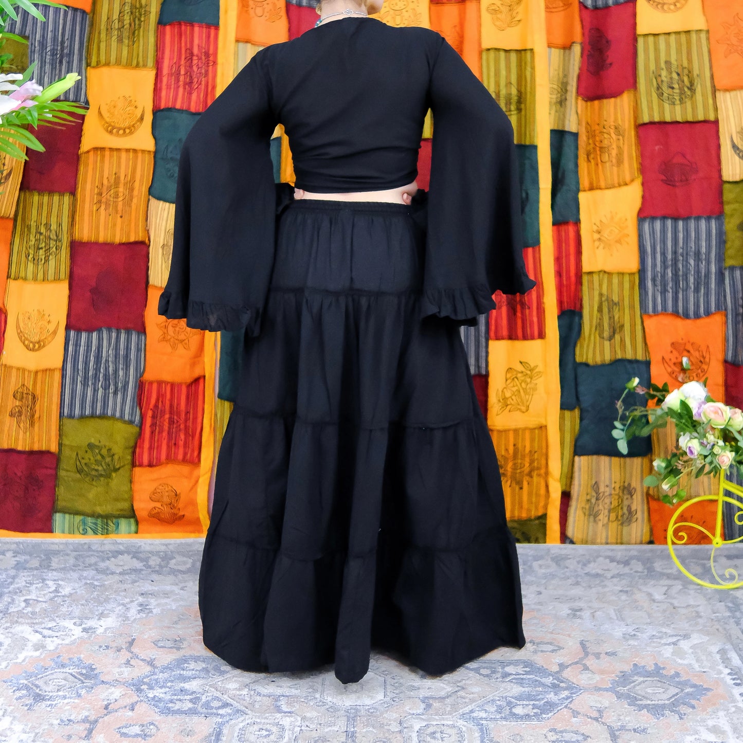 back of black flowy tiered cotton boho hippie gypsy skirt 