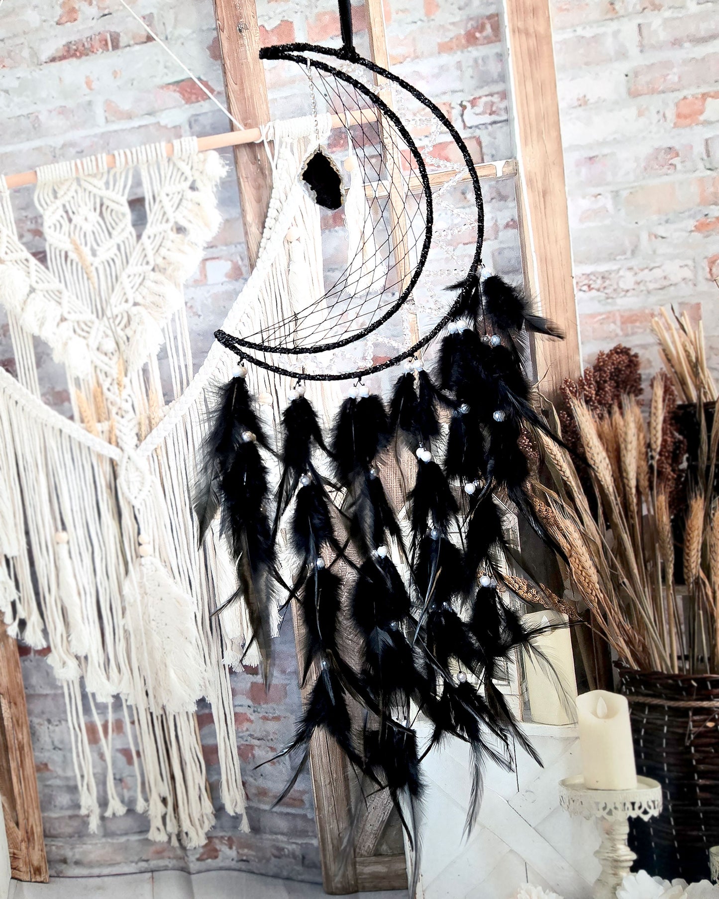 boho home décor crescent moon dream catcher with black feathers and hanging geode