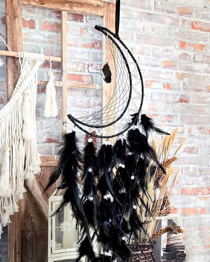 hippie home décor crescent moon dream catcher with black feathers and hanging geode