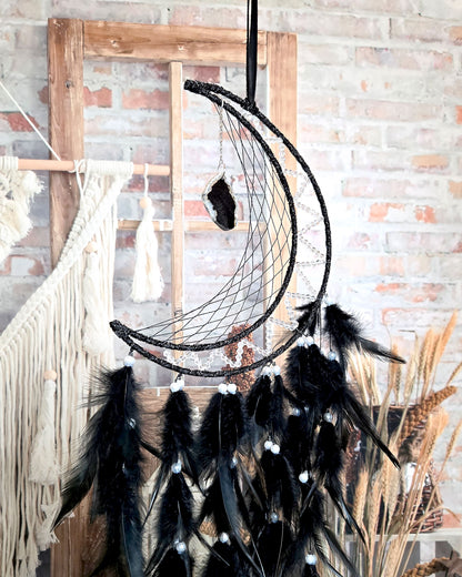 crescent moon dream catcher with black feathers and hanging geode boho hippie home décor