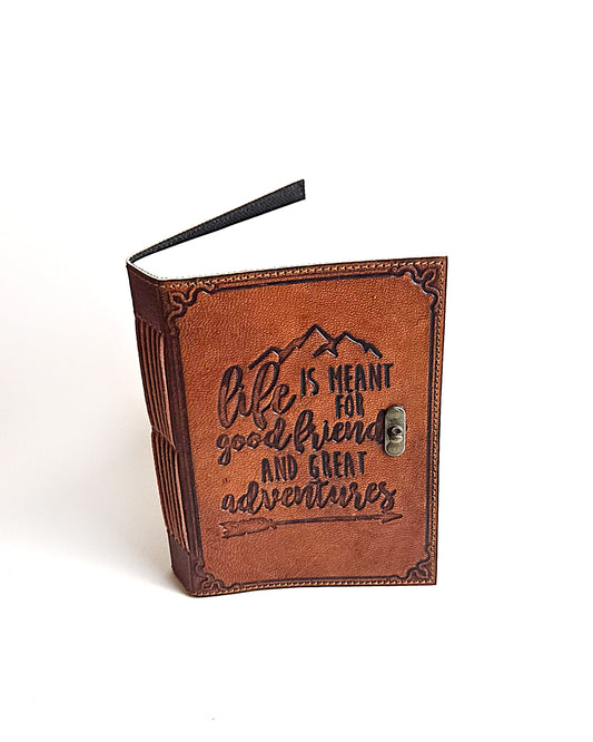 good friends great adventures leather journal with antique buckle closure front