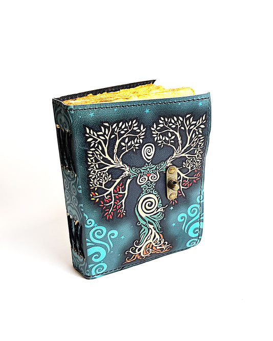 leather journal with tree of life design antique buckle closure and deckle edge vintage look paper front view