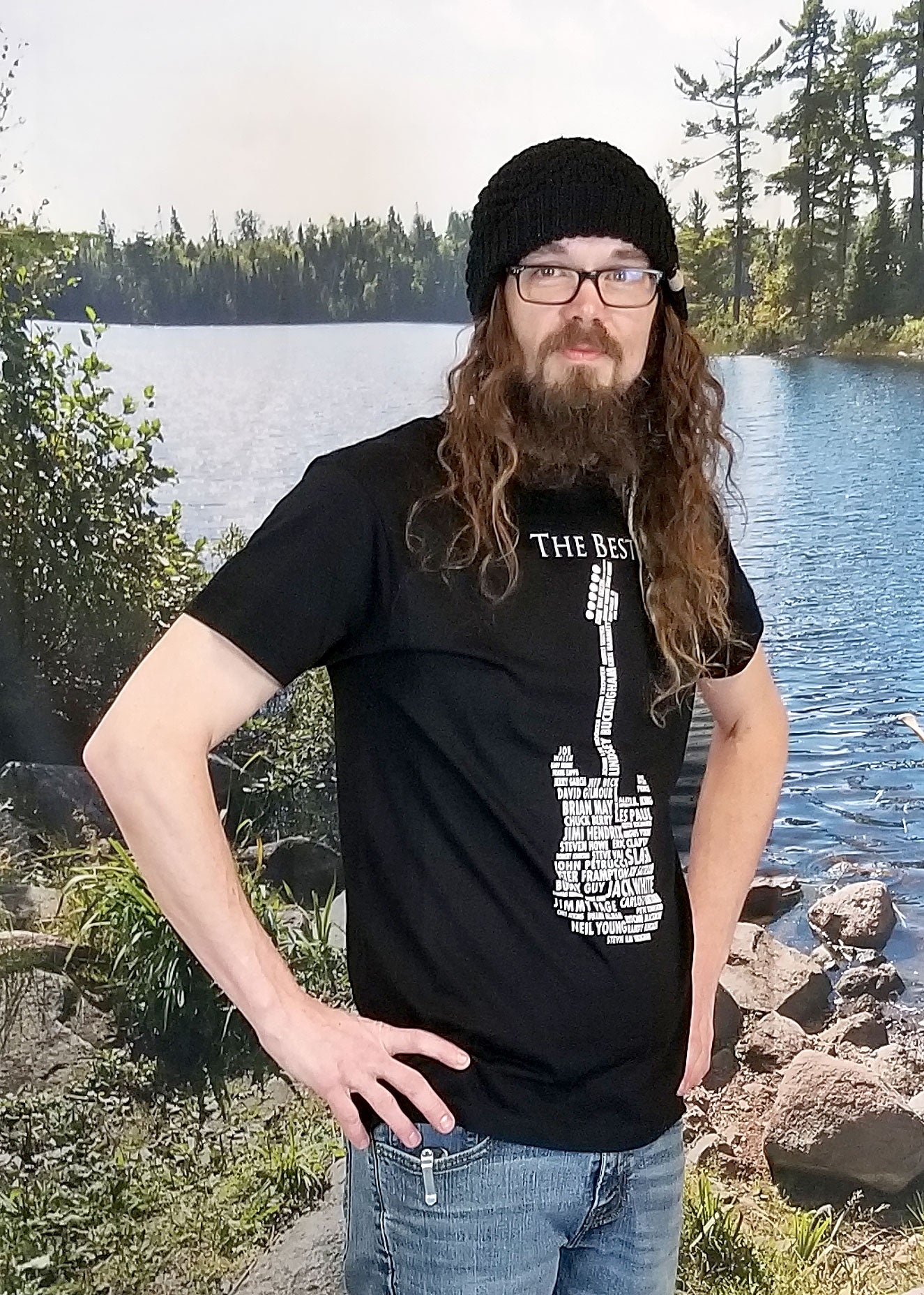 black guitar t shirt with names of guitarists on front