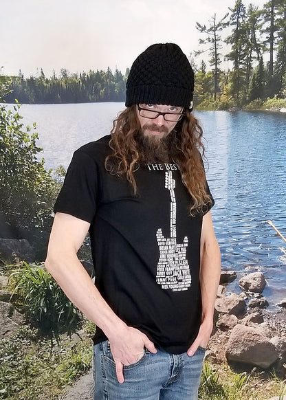 black guitar t shirt with names of guitarists on front