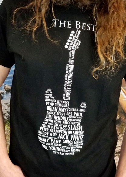 close up black guitar t shirt with names of guitarists on front