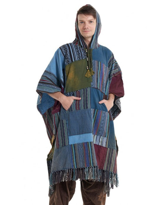 Long Patchwork Hooded Poncho