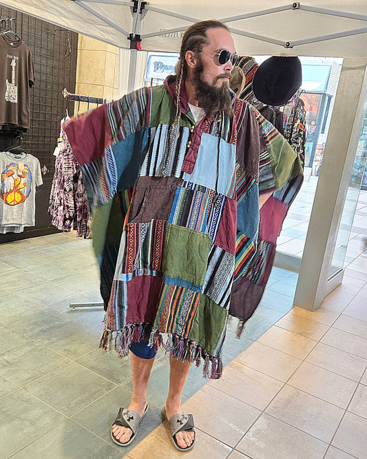 front of mens patchwork hooded poncho