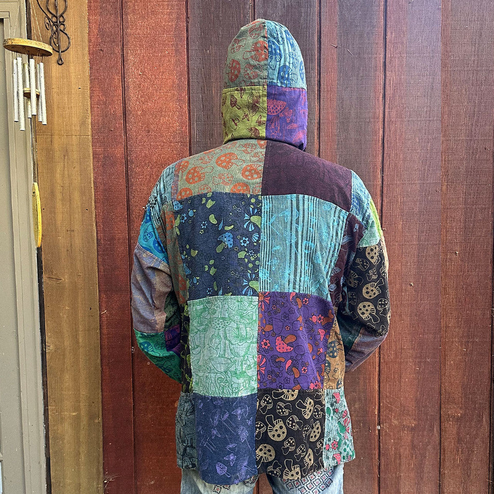 back of mens mushroom patchwork hoodie