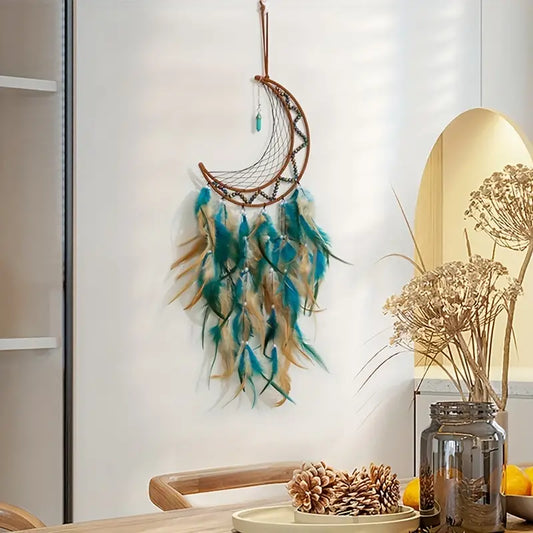 brown and turquoise feather crescent moon dream catcher with dangling gemstone the boho hippie hut midland michigan