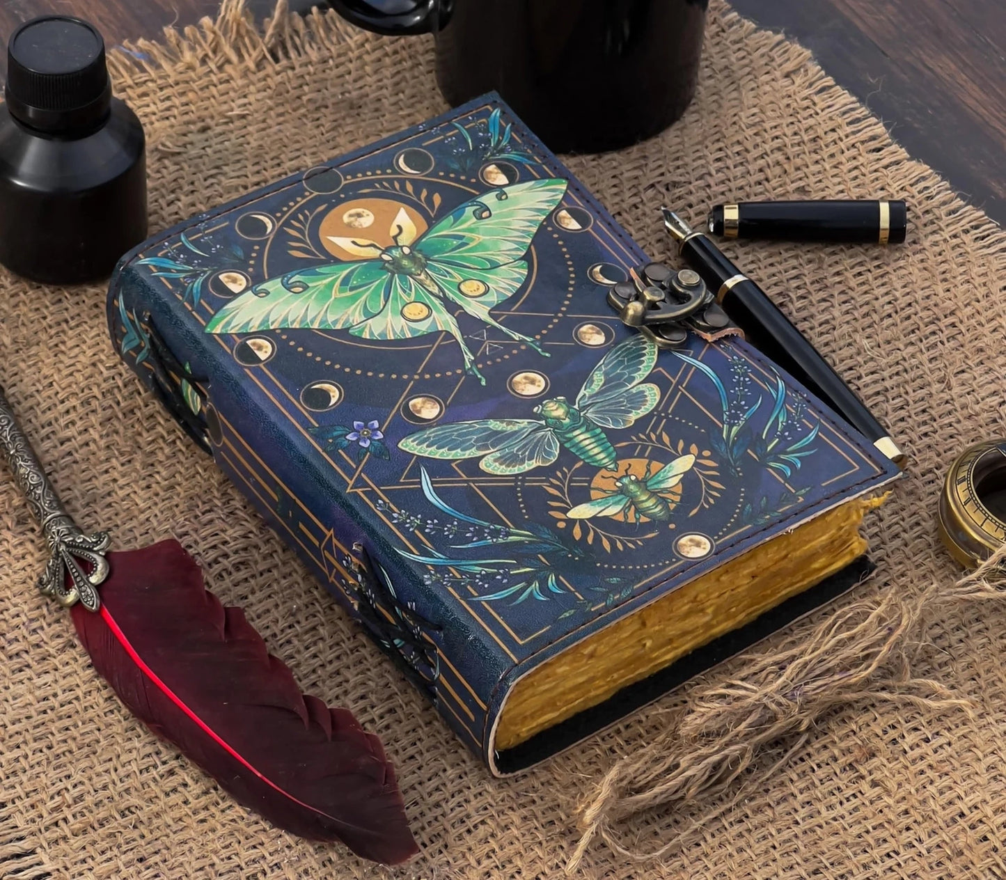 moth print leather journal front cover