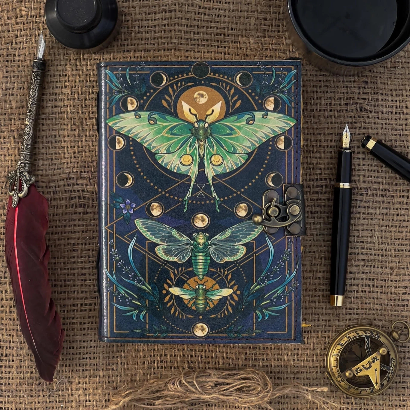 front of moth print leather writing journal