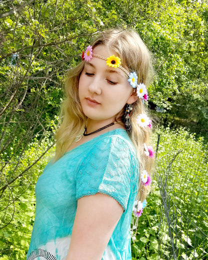 multi colored daisy headband for festivals at the boho hippie hut