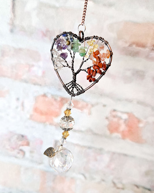 tree of life heart crystal suncatcher with multi color stones for boho hippie home décor close up