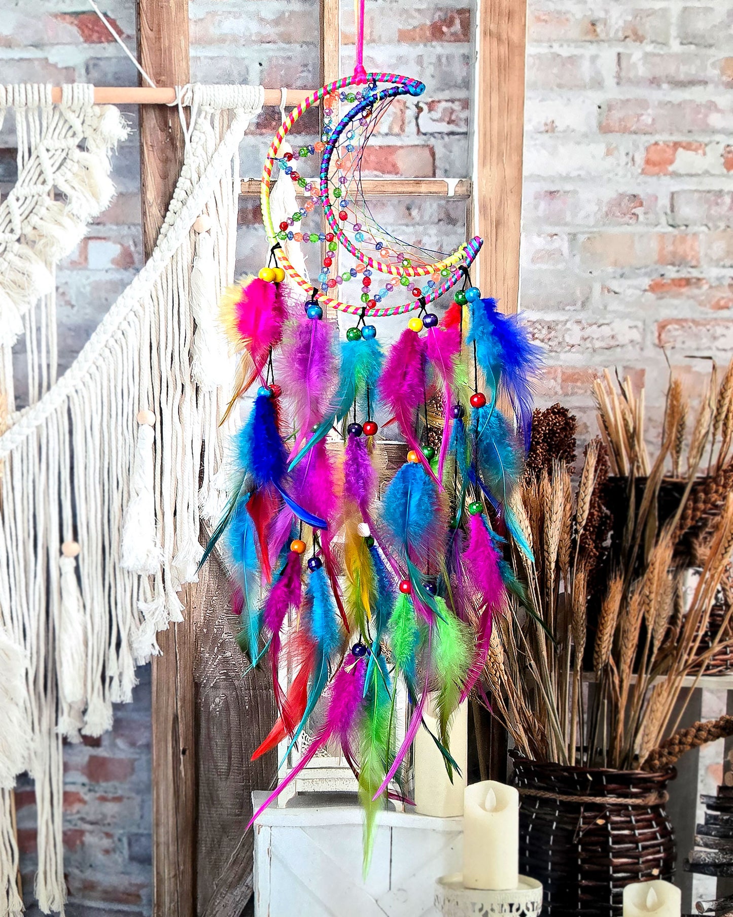 multi color crescent moon feather dream catcher