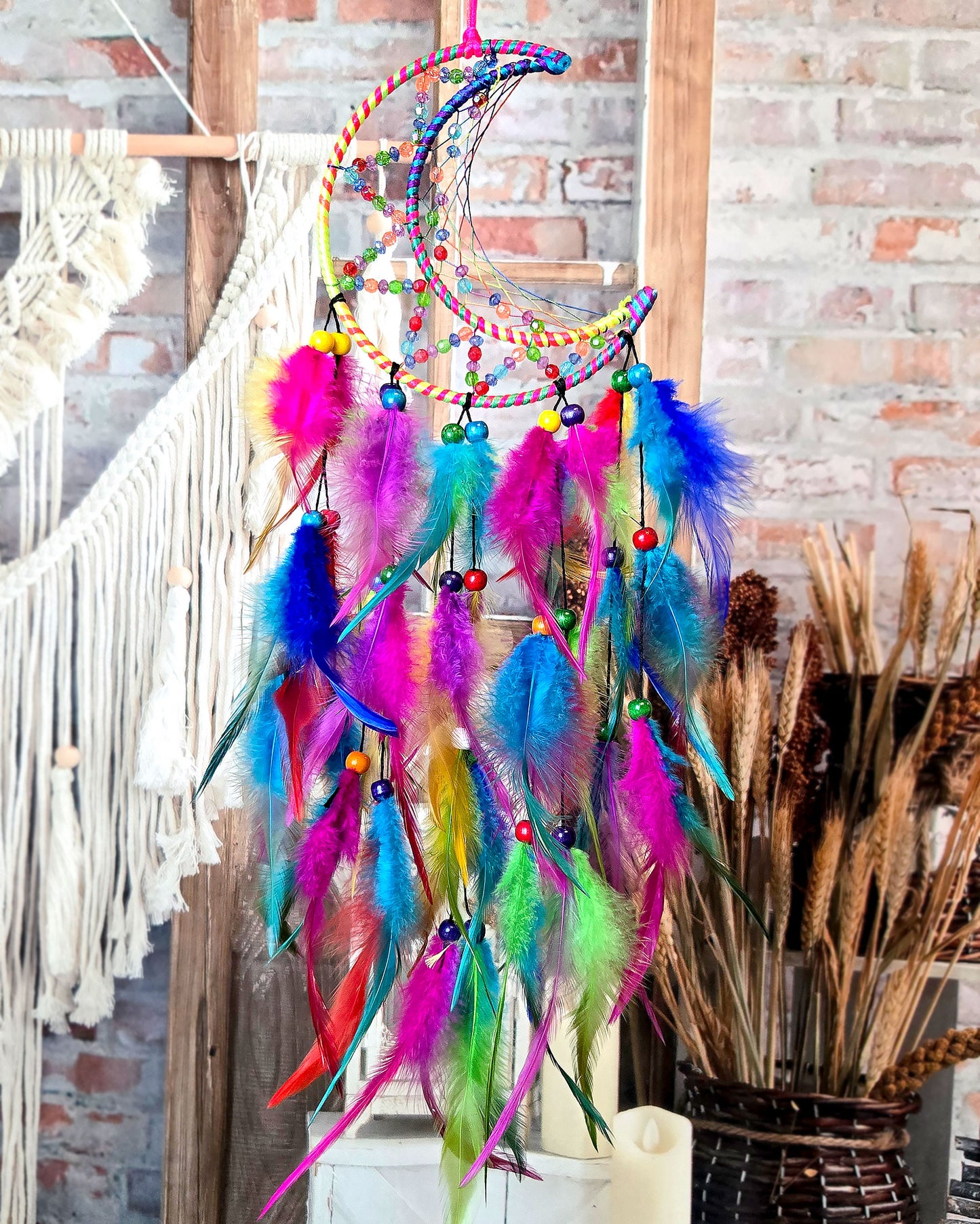 boho home décor multi color crescent moon feather dream catcher