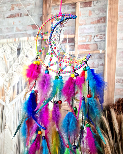 hippie home decor multi color crescent moon dream catcher with feathers