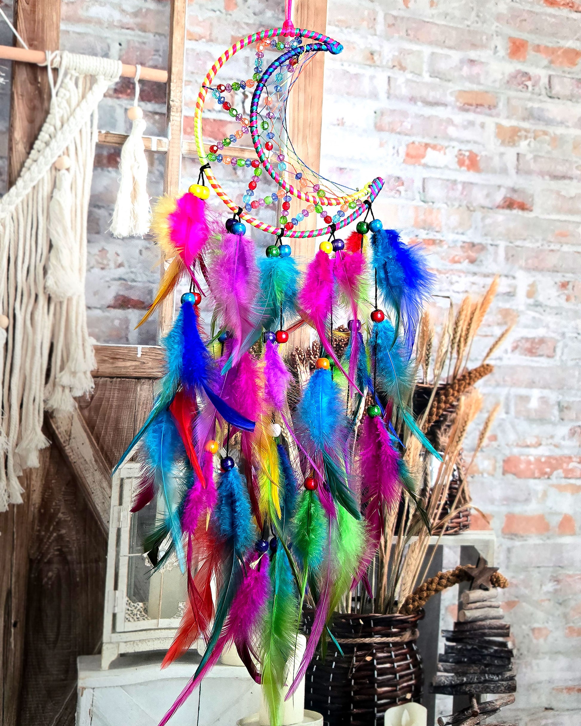 multi color crescent moon dream catcher with feathers