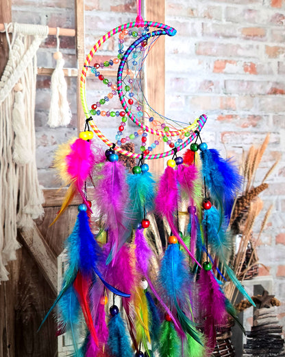 moon dream catcher in rainbow colors with feathers for boho hippie home decor