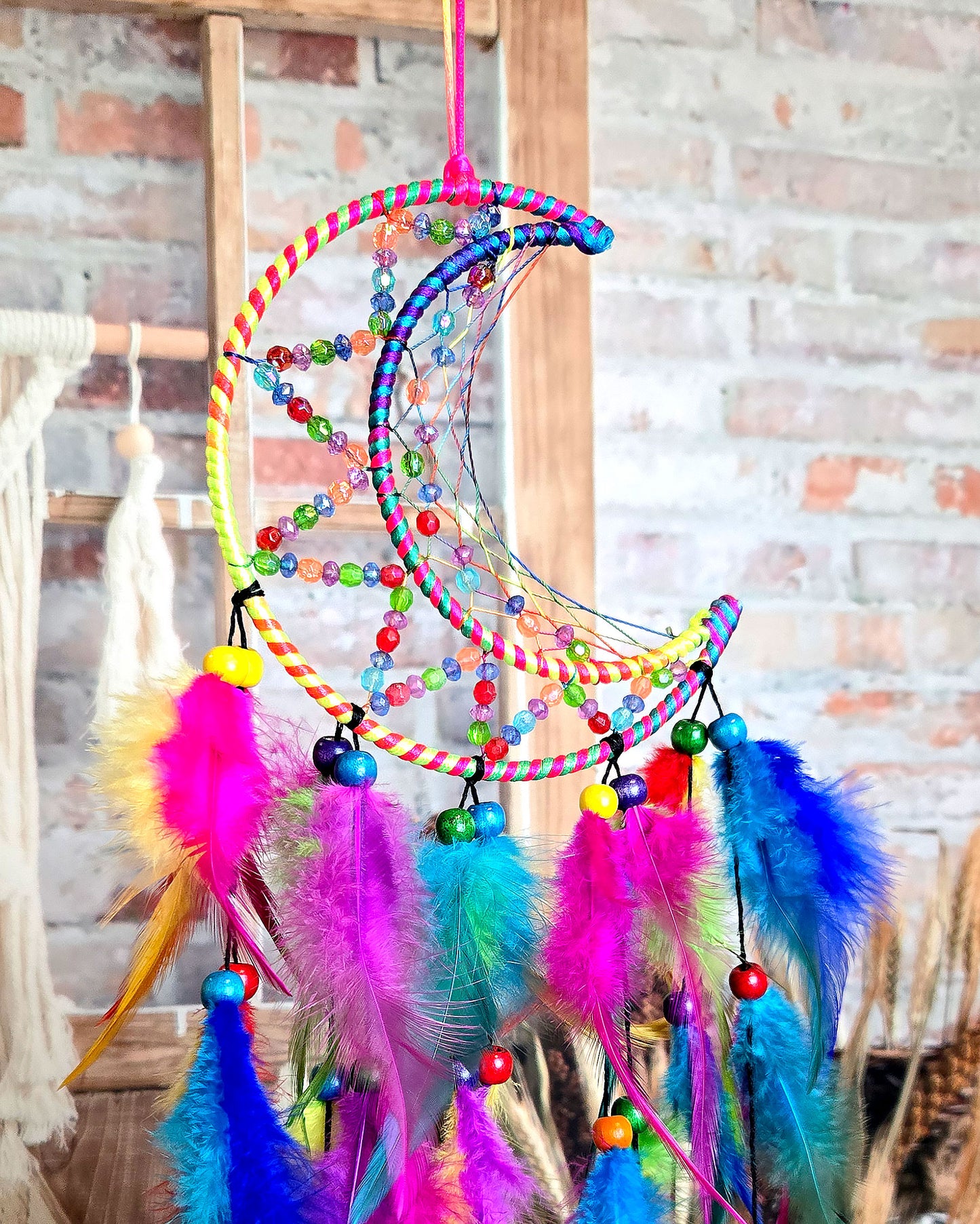 boho hippie home décor multi color crescent moon dream catcher with feathers