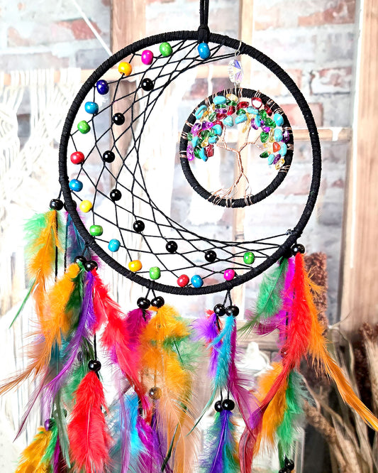 multi color tree of life dream catcher boho hippie home décor close up