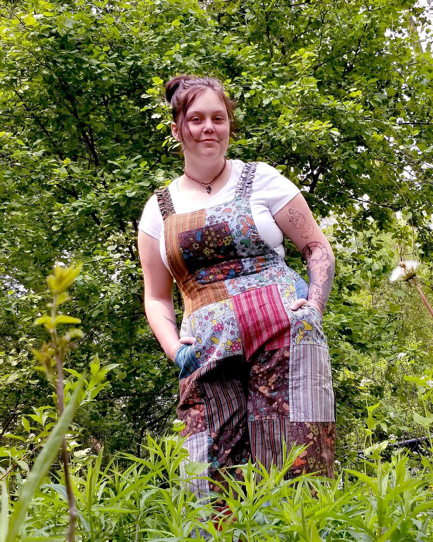 mushroom pattern jumpsuit patchwork hippie overalls at the boho hippie hut