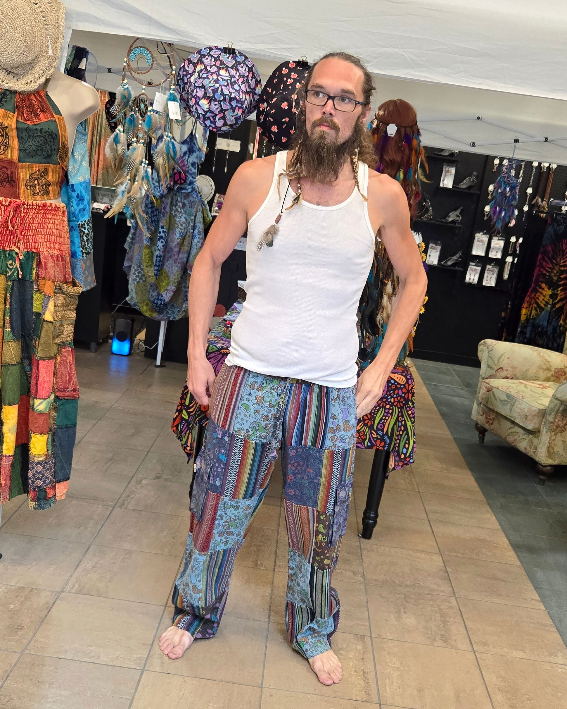 hippie mushroom patchwork pants front