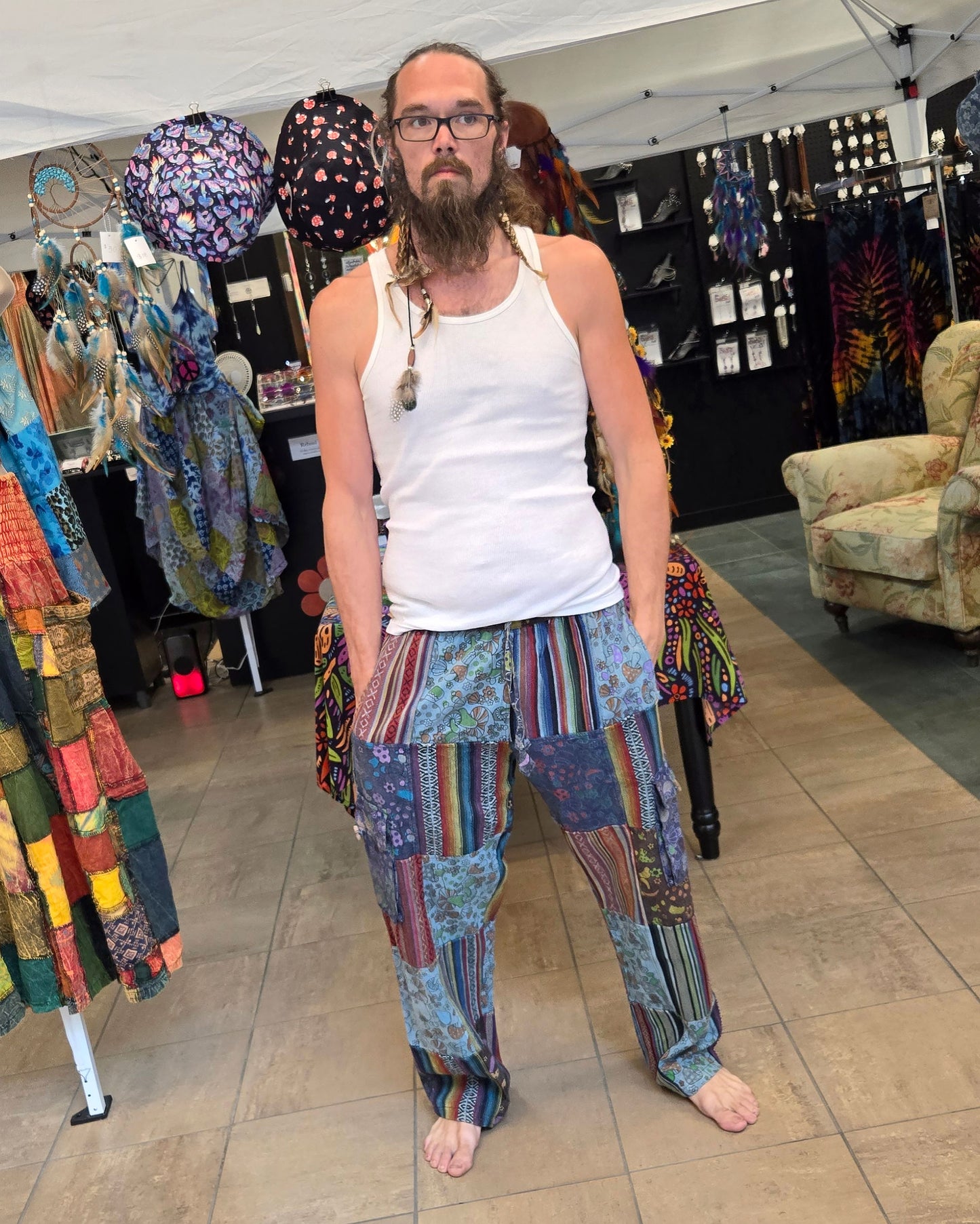 mens hippie mushroom patchwork pants front