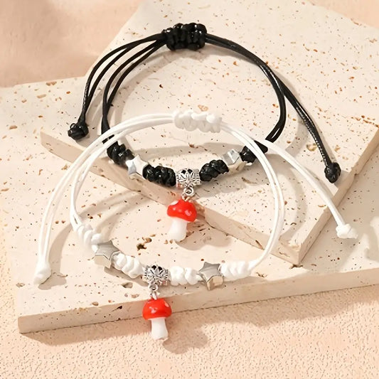 mushroom bracelet with stars on black or white adjustable cord