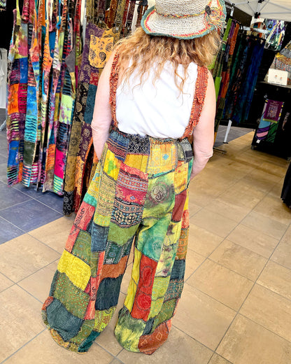 back of orange wide leg patchwork hippie overalls