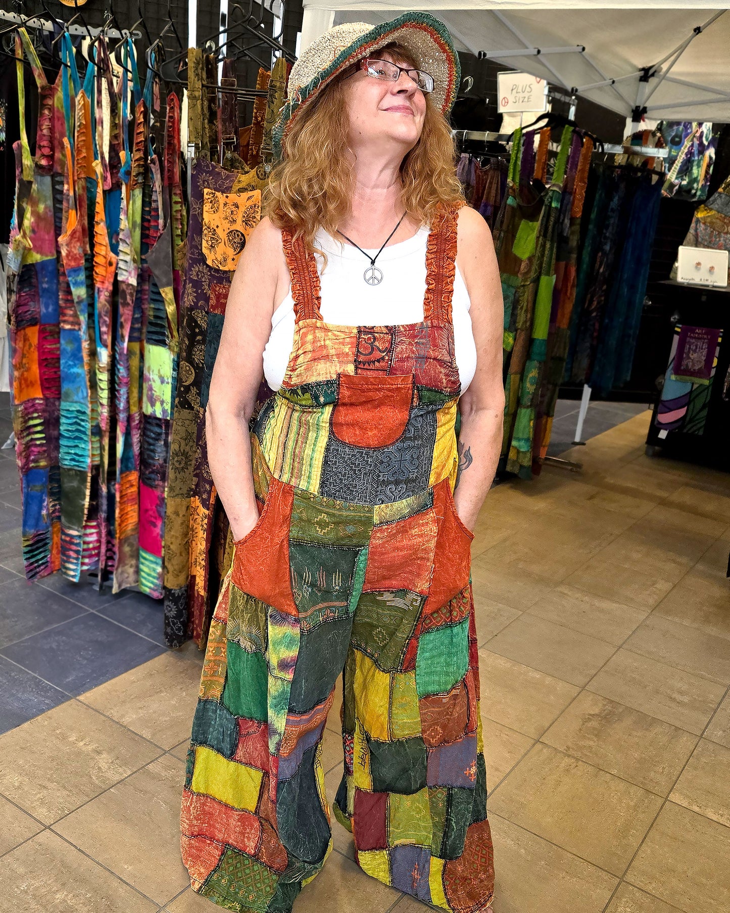 orange wide leg patchwork hippie overalls