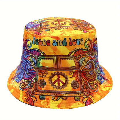 front of peace and love bucket hat with hippie van and peace sign design