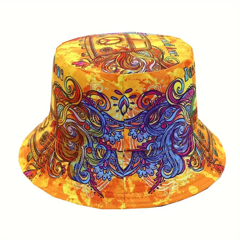 back of peace and love bucket hat with hippie van and peace sign design