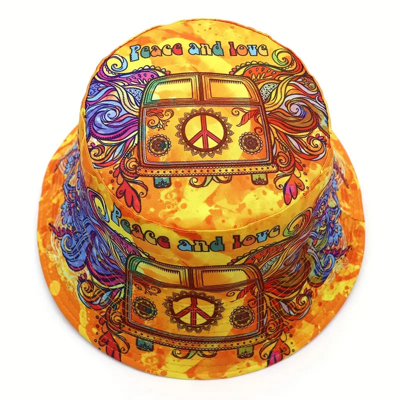 top of peace and love bucket hat with hippie van and peace sign design