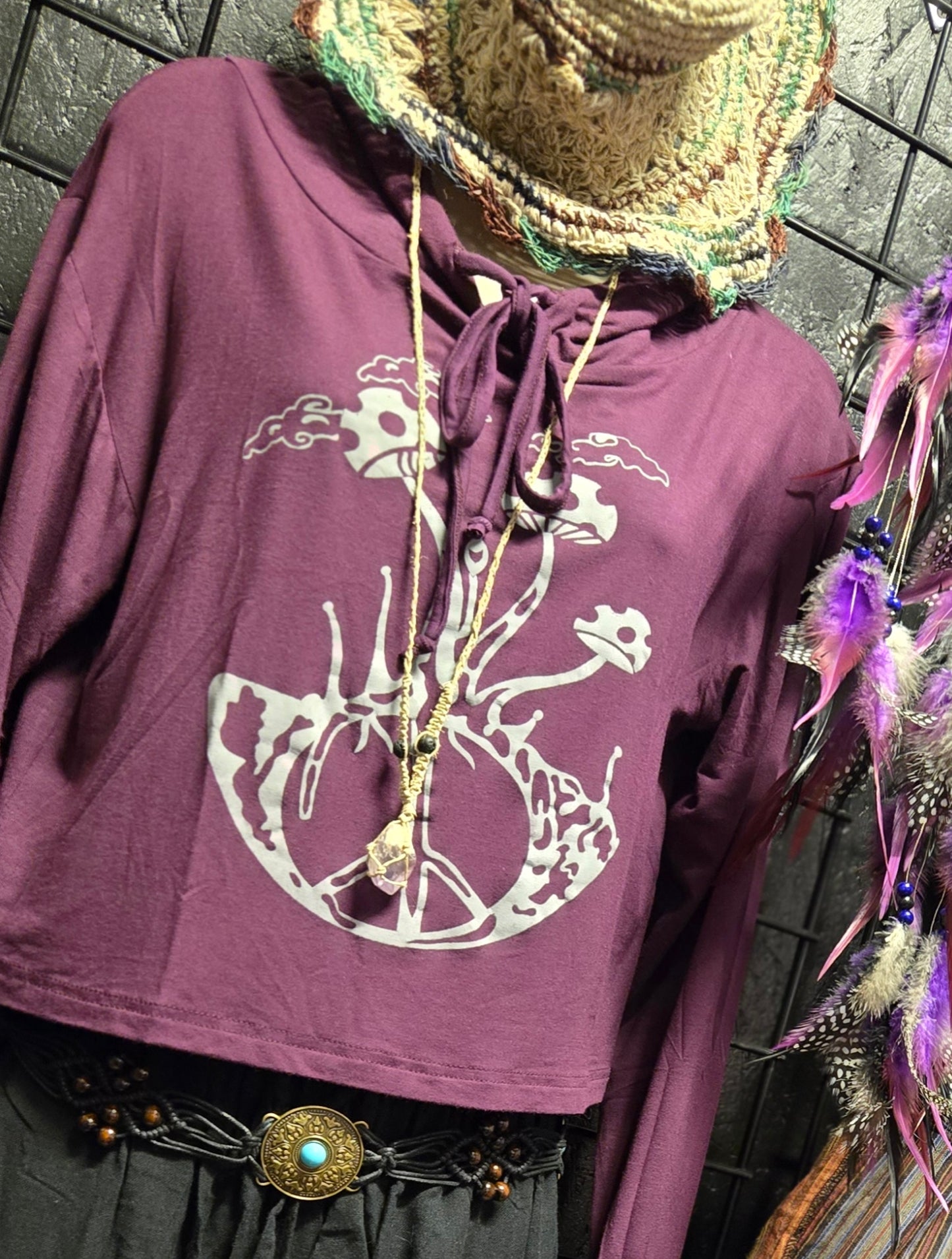 peace roots mushroom hooded crop top