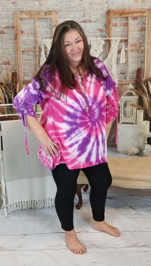 plus size tie dye top in pink and purple front