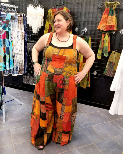 plus size wide leg patchwork overalls orange front